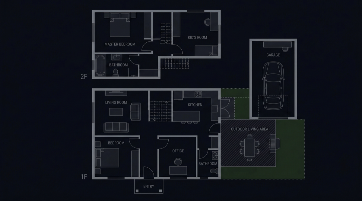WiFi mesh network coverage across two floors, garage, and outdoor area
